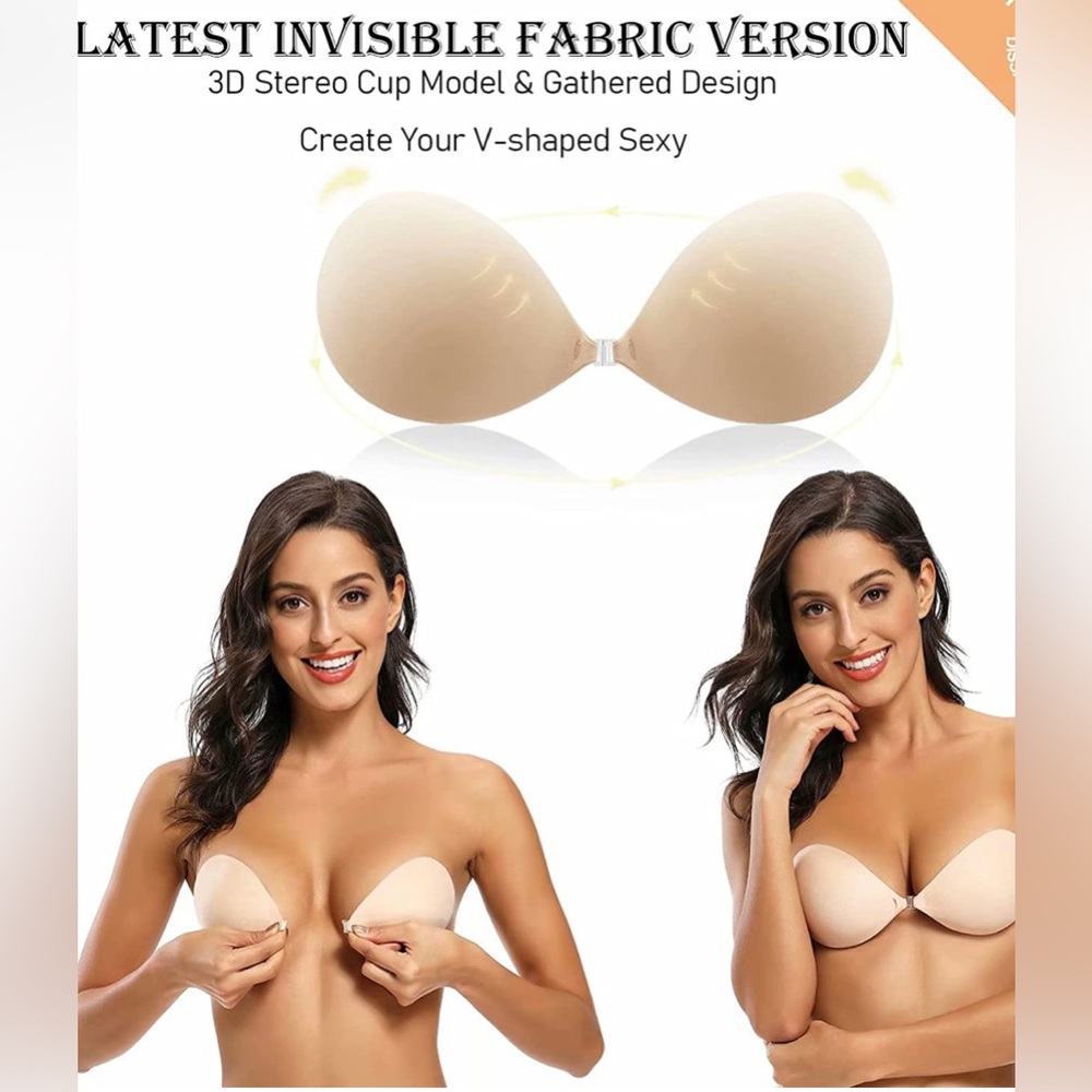 NIB Adhesive Bra, Sticky Strapless Fabric Bra Invisible with Nipple Covers Nude - Picture 2 of 5
